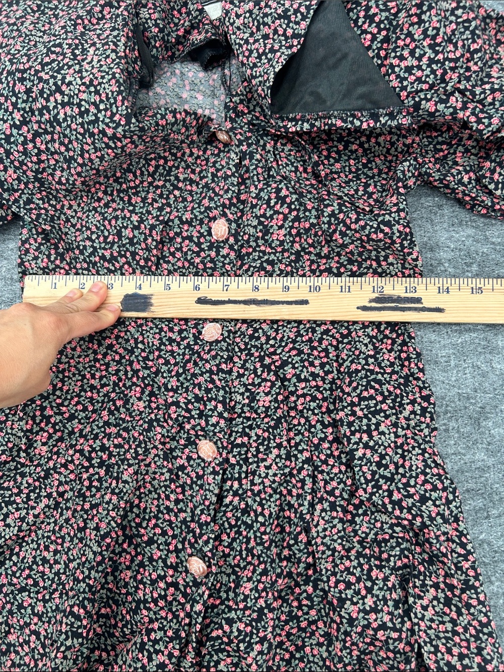Vintage Chamney’s Black Floral Rayon Off Shoulder Button Front Midi Dress Size 5 - Picture 12 of 13